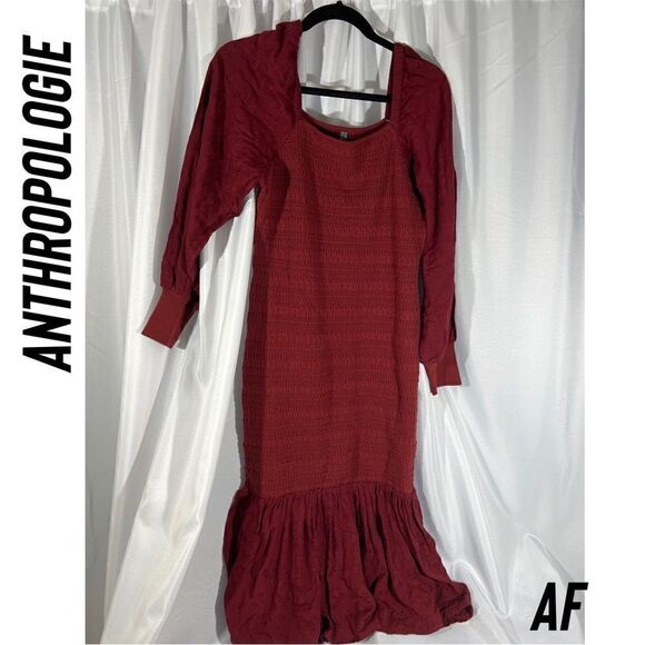 ANTHROPOLOGIE SMOCKED PUFF KNIT MIDI DRESS IN WINE NEW LARGE - Picture 4 of 7